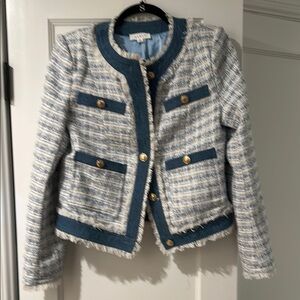 Blue and White Tweed Blazer with denim Trim